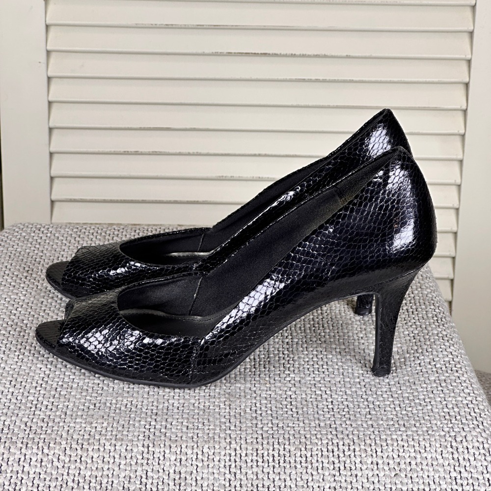 Chic FIONI Black Snakeskin Peep Toe Pumps Y2K‎ Platform Heels 9.5M - Picture 2 of 8